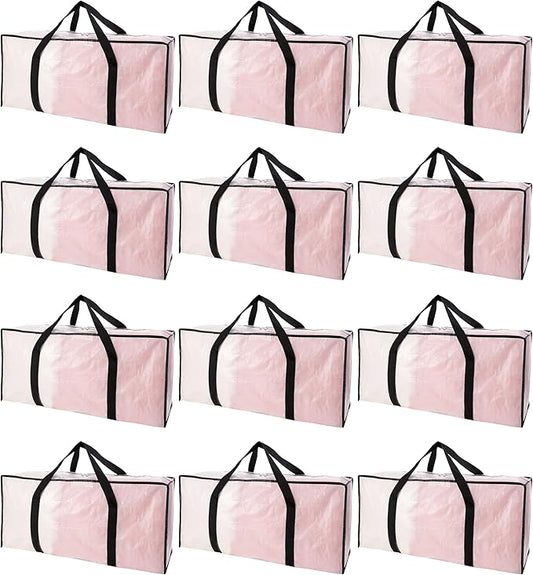 Extra Large Moving Bags with Zippers & Carrying Handles, Heavy-Duty Storage Tote for Space Saving Moving Storage, Fold Flat, Alternative to Box and Bin - 12 Pack, Semi-Transparent
