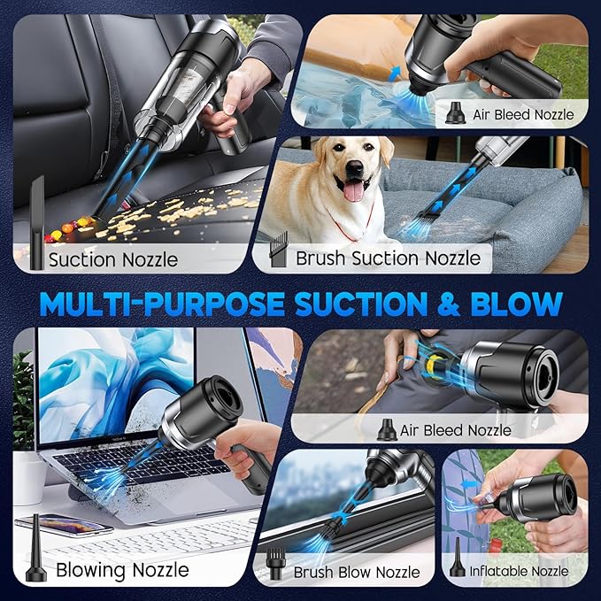 KMM Handheld Car Vacuum Cleaner, 16000PA Vacuum Cleaner & Air Duster, 120W High Power Vacuum Portable Cordless, Hand Held Vacuum Rechargeable with Multi-Nozzles & LED Light for Home, Car, Office