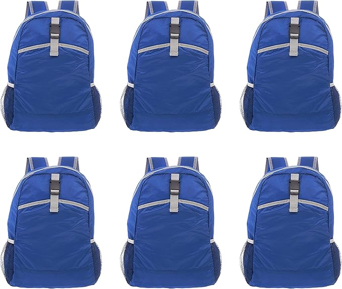 DISCOUNT PROMOS Lightweight Travel Packable Backpacks Set of 6, Bulk Pack - Perfect for Camping, Outdoor Sports - Blue