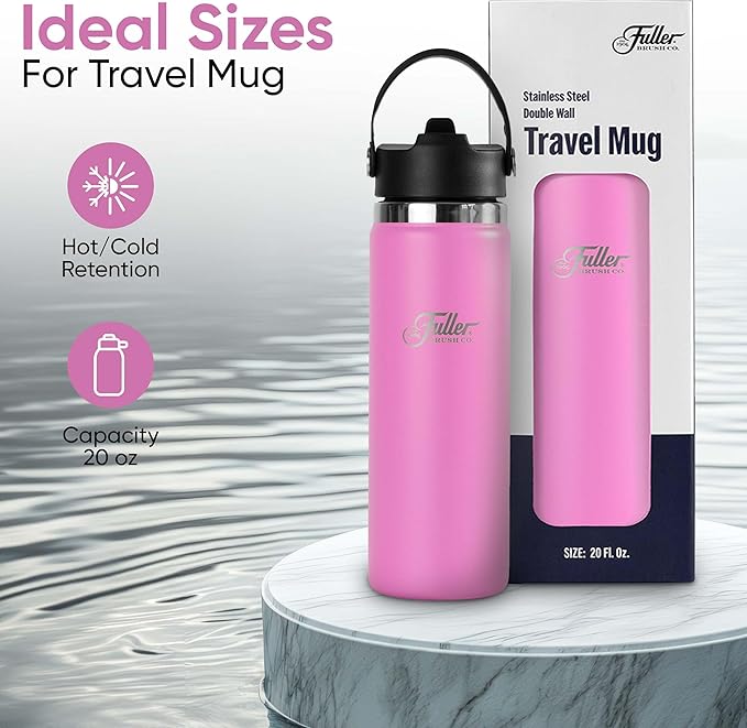 Fuller Stainless Steel Water Bottle with Straw Lid – BPA-Free, Sweat-Proof, Leak-Proof Travel Mug – Double Wall Insulated for Hot & Cold Drinks – Carry Handle (Bright Pink, 20 Oz.)
