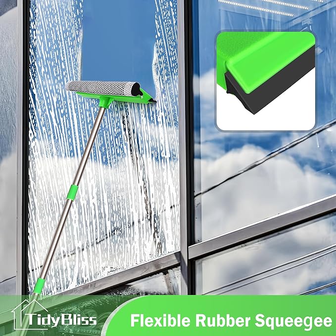 TidyBliss Window Squeegee Professional, 56” Car Windshield Glass Cleaner Tool with Extension Pole, Long Handle Household 10 inches Washer Sponge Scrubber Kit for Cleaning Home Mirror Outdoor (Green)