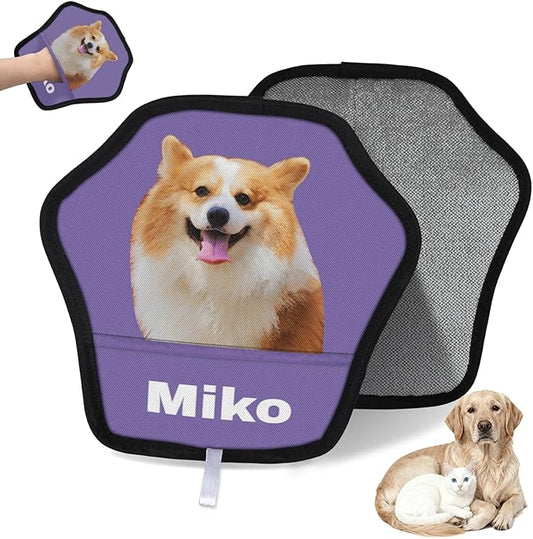 XIOBODR Personalized Pet Hair Remover Glove for Dogs & Cats - Custom Photo & Name Magic Brush for Dog Cat Hair Removal, Reusable Electrostatic Pet Hair Gloves for Furniture Carpet Couch, Photo Purple