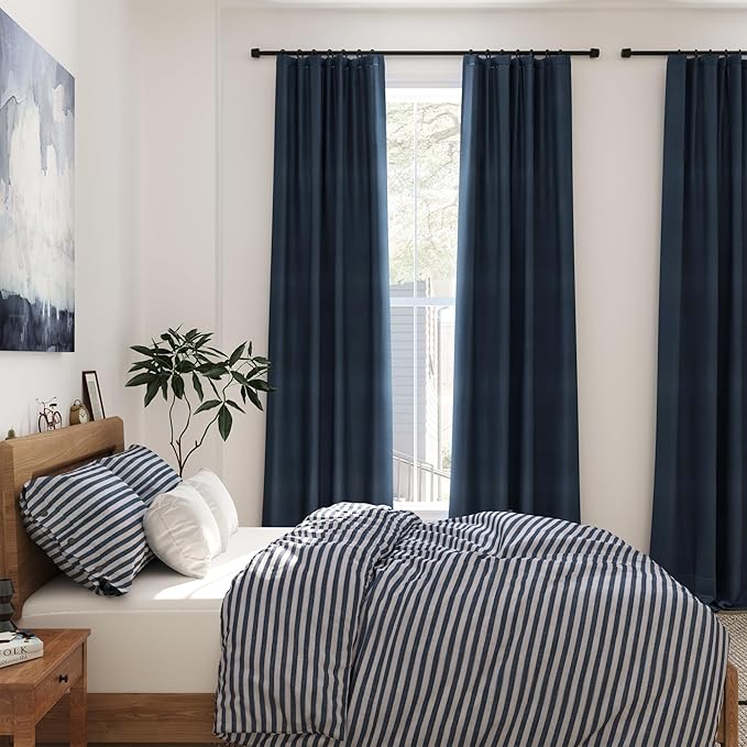 Full Black Out Vintage Blue Window Curtains Panels 102 Inches Long 2 Panels Set for Living Room Cotton Textured Long Blackout Curtain with Backing Thermal Insulated Drapes for Nursery Bedroom 52x102
