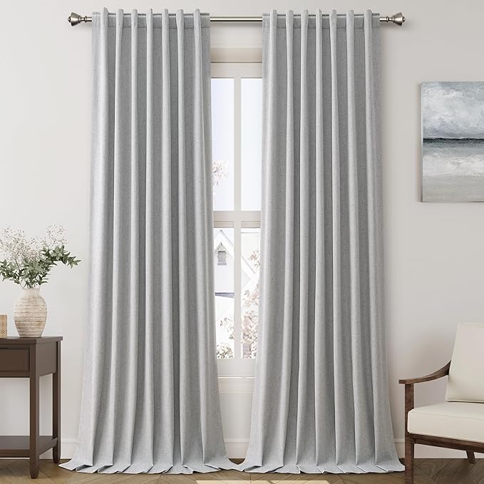 Silver Grey Linen Curtains for Bedroom Black Out 96 Inch Long Full Blackout Back Tab Pocket Curtains for Living Room Neutral Rustic Insulated Light Blocking Drapes 96 Inches Long 2 Panels 8 Ft