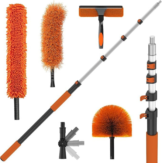 TONYINGO 26FT High Reach Duster Kits with 5-20FT Extension Pole, Cobweb Duster with Telescoping Pole, Washable Ceiling Fan Cleaner & Window Squeegee for Glass Surfaces & High Roof