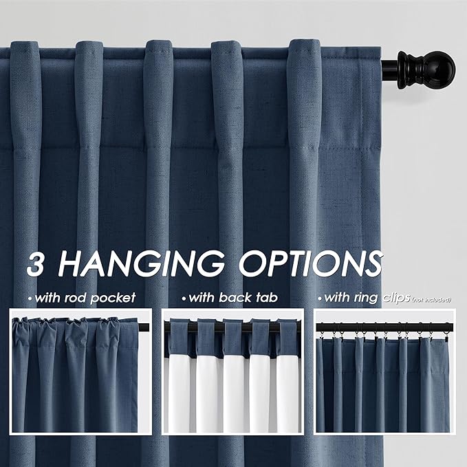 Nanspring Denim Blue Linen Blackout Curtains 84 Inches Long Loop Pocket Rod Pocket Flax Linen Sound Proof Total Blackout 2 Panels Set for Living Room Boho Farmhouse Curtains Drapes 52x84
