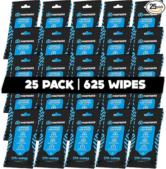 Fortress Car Interior Wipes (25 ct, Pack of 25) for Car Interior Cleaning, Dashboard, Seats, Detailing, and Steering Wheel [Travel Size] Skin-Safe Car Interior Cleaner Supplies