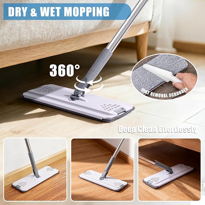 Mops for Floor Cleaning with 57" Long Handle, Scrub Brush, Wall Cleaner Mop with 84'' Long Handle, 2 Reusable Pads, Wet and Dust Mopping for Hardwood, Laminate, Tile Floor, Wall, Ceiling, 19Pcs Gray