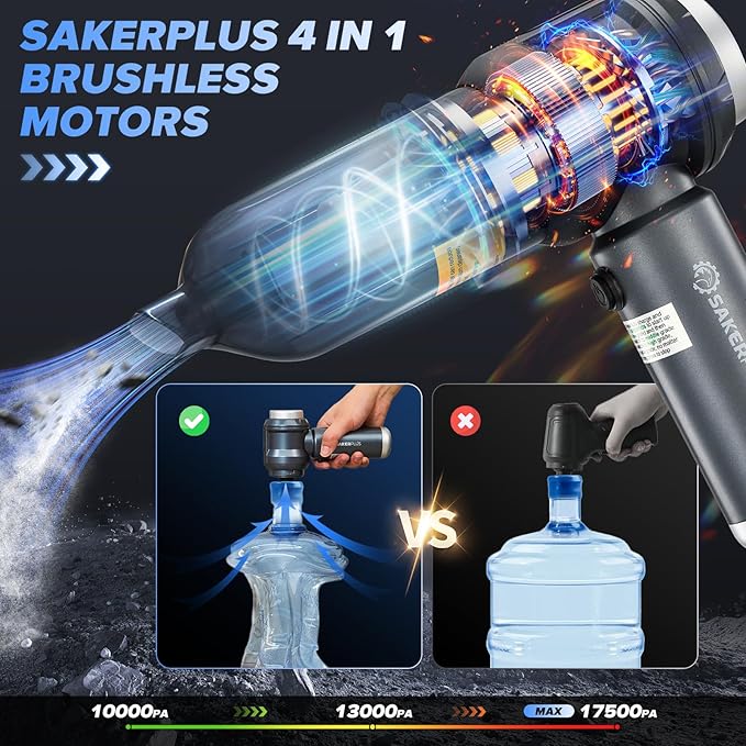SakerPlus 4 in 1 Handheld Car Vacuum Cleaner & Air Duster, 17500PA High Power Rechargeable Portable Vacuum with LED Light, Multi Nozzles for Car, Home & Office – Ideal for Men and Family