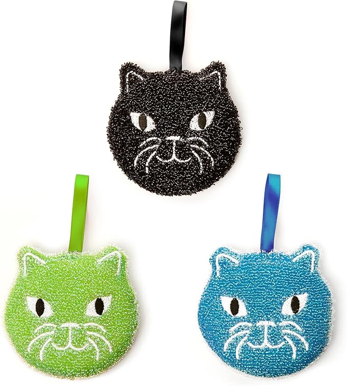 Kikkerland Reusable Cat Scrub Sponge – Cleaning Supplies for Kitchen, Home Essentials – Fun Gifts for Kids & Adults – Set of 3