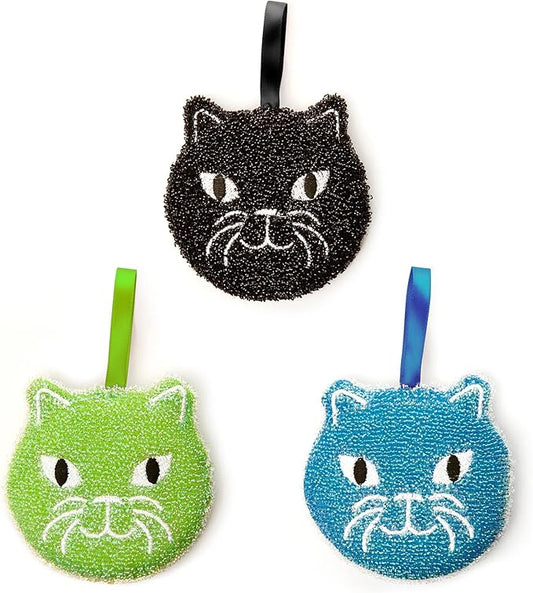 Kikkerland Reusable Cat Scrub Sponge – Cleaning Supplies for Kitchen, Home Essentials – Fun Gifts for Kids & Adults – Set of 3