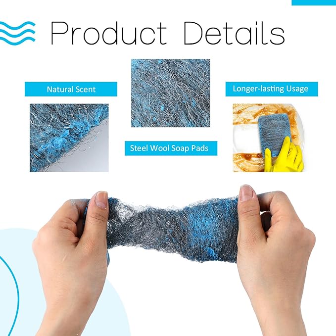 Domensi 100 Pcs Steel Wool Soap Pads Metal Scouring Cleaning Non Scratch Household Scrub Pads for Scouring Dirt Dish Pot Pan Oven Kitchen Cooktops Grease and Oil(Blue)