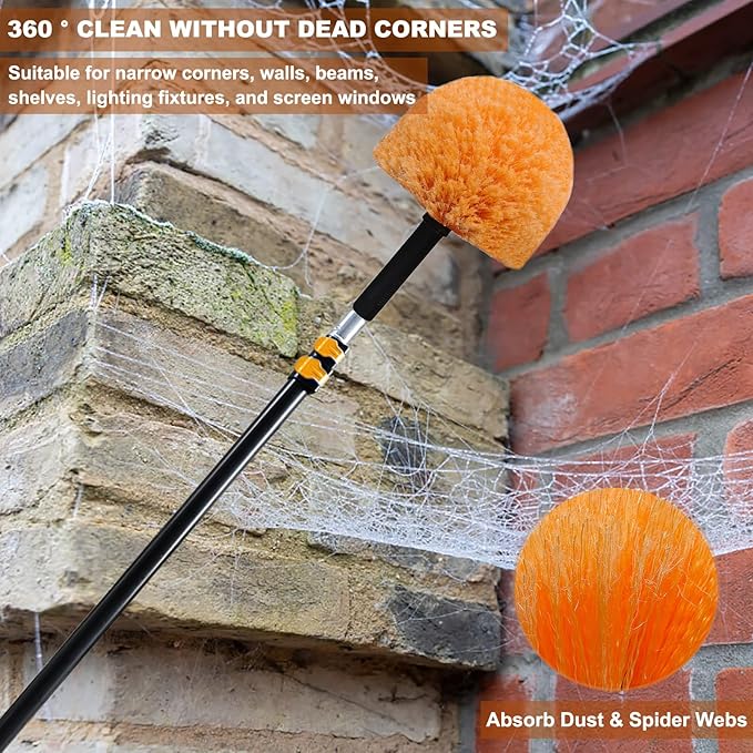 2 Pack Orange Twist-On Cobweb Duster Head Brush, Fits Standard 3/4 inch Threaded Poles, Attachment Brush, Spider Web Duster for Outdoor & Indoor Cleaning