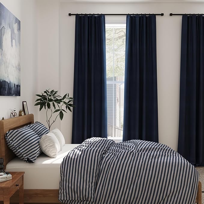 100% Blackout Linen Curtains 95 Inch Length 2 Panels for Living Room Loop Pocket Pinch Pleated Black Out Drapes Navy Blue Heat Reducing Window Curtain for Boy Man Bedroom 90 Inches Long