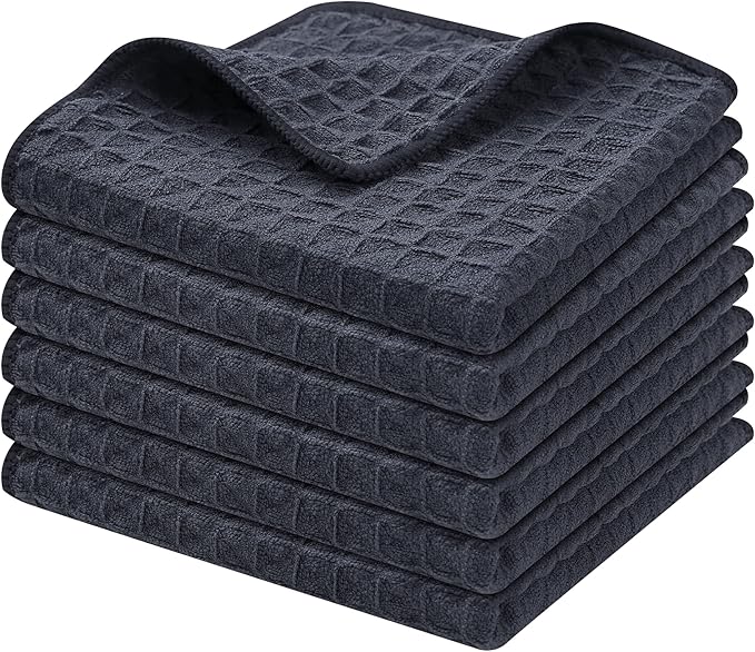 Homaxy Microfiber Waffle Weave Kitchen Dish Cloths, 12 x 12 Inch Ultra Absorbent and Solid Color Dish Towels for Kitchen Fast Drying Dishcloth for Washing Dishes, 6 Pack, Dark Grey