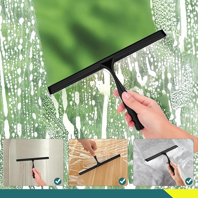 2 Pack All-Purpose Stainless Steel Shower Squeegee with 2 Adhesive Hooks, for Shower Doors, Bathroom, Window, Mirror, Glass, Tile Wall, Car Windshield Cleaning Tool, 10 Inch, (Black)