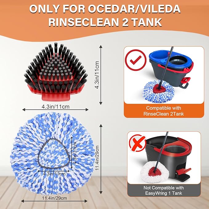Fatmass Spin Mop Head Replacement for O Cedar RinseClean 2-Tank System,2 Mop Replace Heads + 1 Upgrade Scrubber Brush, 100% Microfiber Mop Refills Deep Cleaning Machine Washable