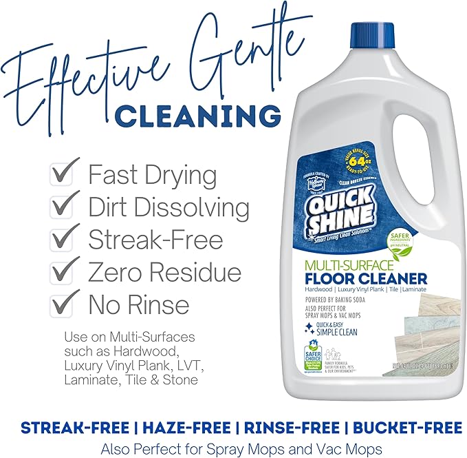 Quick Shine Multi Surface Floor Cleaner 64oz, 4Pk | Ready to Use-Streak Free- No Rinse | Use on Hardwood, Laminate, Luxury Vinyl Plank & Stone | Use in Spray Mops & Vac Mops | Safer Choice Cleaner