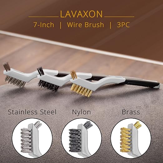 Lavaxon Wire Brush Set 3Pcs - Nylon/Brass/Stainless Steel Bristles with Curved Handle Grip for Rust, Dirt & Paint Scrubbing with Deep Cleaning – 7 Inches (Grey)