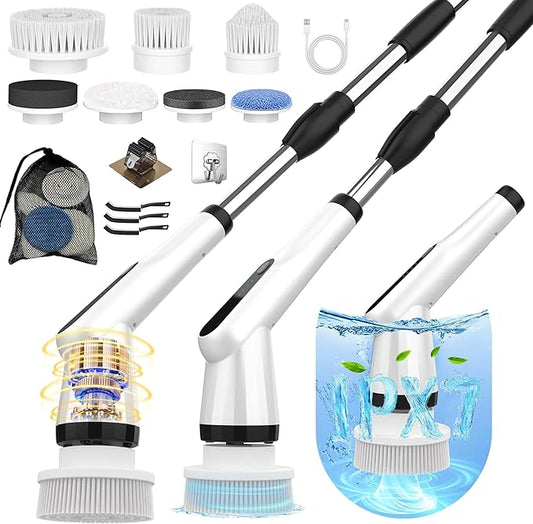 Electric Scrubber Brush, IPX7 Electric Scrubber for Shower, Electric Cleaning Brush Scrubber with 7 Replaceable Brush Heads & Retractable Handle, 2-Speed Adjustable Spin Cleaning Brush