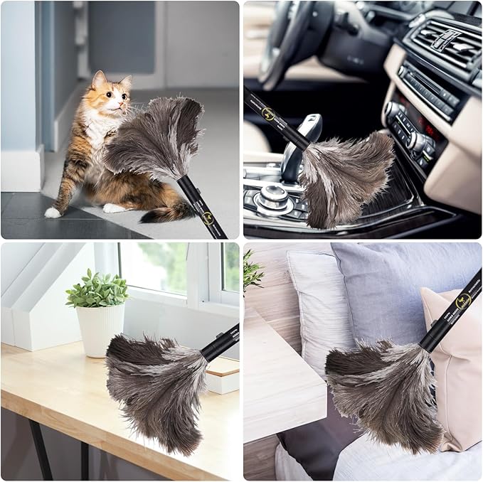 Aldwin Ostrich Feather Duster Retractable 1 Pack,16 inch Genuine Fluffy Natural Handheld Feather Dusters for Cleaning Supplies, Washable,Car, Office, Desk