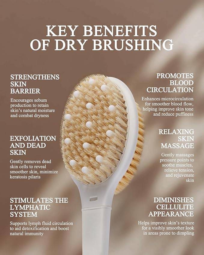 Shower Brush for Massage Dry Brushing: Back Scrubber for Shower with 18.1" Anti Slip Long Handle - Bath Body Brush for Lymphatic Drainage Exfoliator Improving Skin Health for Women Men Elderly(Orange)