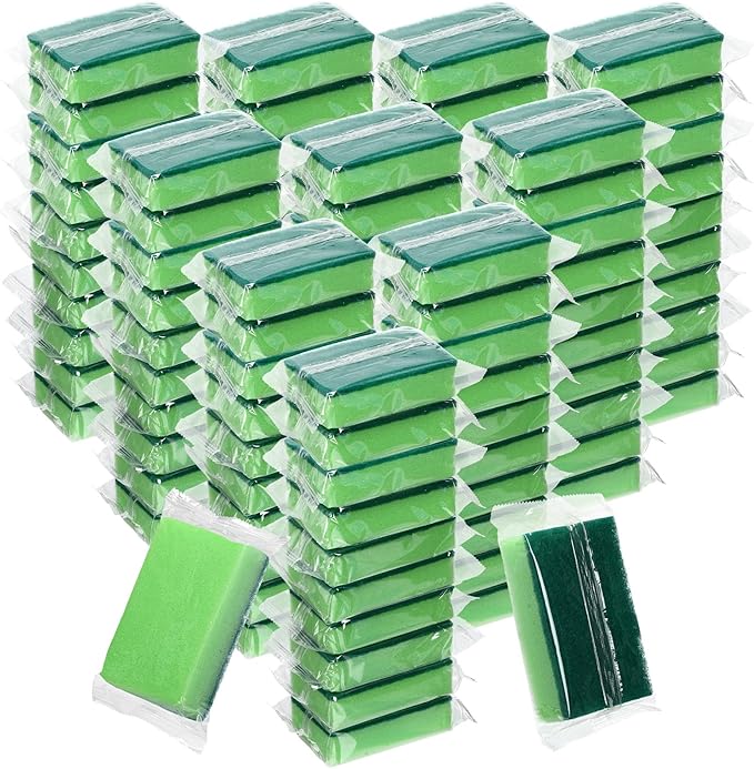 Tioncy 100 Pcs Individually Wrapped Sponges Bulk Kitchen Green Non Scratch Scrub Sponges Dual Sided Cleaning Scrubber for Household Washing Dishes, Pots, Pans, Sinks, Stoves, Appliances, Car, Bike