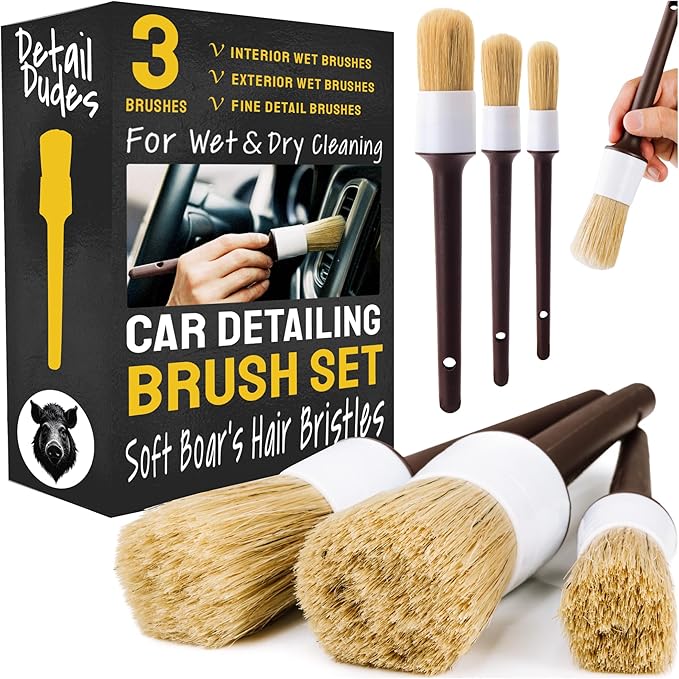 Detail Dudes Soft Boar Hair Car Detailing Brush Set - 3-Pack, Brown - Car Detailing Kit for Versatile Uses - Soft Bristles Cleaning Brush - Water-Resistant Handles