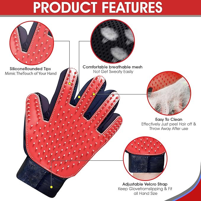 ZENELANEP Upgrade Pet Grooming Gloves, Grooming Gloves for Dogs, Cats, Rabbits & Horses with Long and Short Hair, Efficient Pets Hair Remover Mittens - 1 Pair (Red)