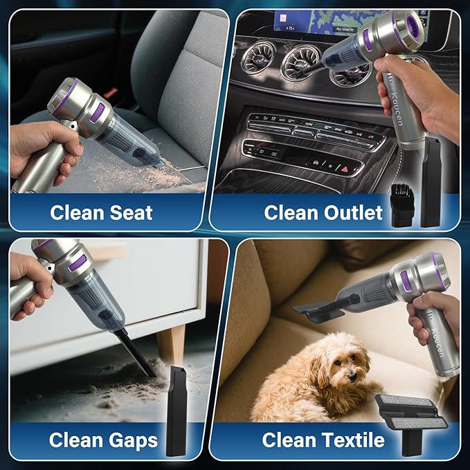Koucen Car Vacuum Portable Cordless 20000pa High Power 4-in-1 Handheld Vacuum Cordless Rechargeable, Portable Vacuum with 3 Reusable Filter, Small Vacuums for Car Home Office & Pet(Silver Purple)
