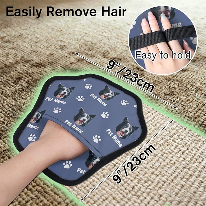 Personalized Pet Hair Remover Glove for Dogs & Cats - Custom Photo & Name Magic Brush for Dog Cat Hair Removal, Reusable Electrostatic Pet Hair Gloves for Furniture Carpet Couch, Face Paw Blue