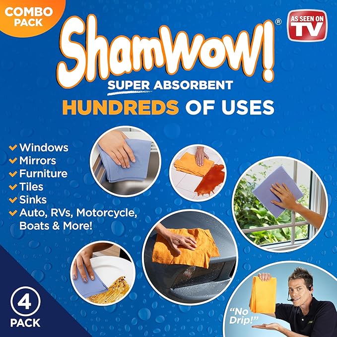 ShamWow Original Super Absorbent Multi-Purpose Cleaning Shammy Chamois Towel Cloth - Holds 10X its Weight in Liquid - Machine Washable - Will Not Scratch (4 Pack: 2 Large Orange & 2 Small Blue).