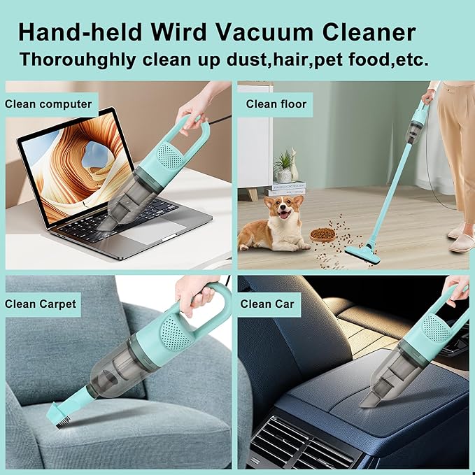 SIPPON 6-in-1 Lightweight Stick Vacuum Cleaner with 100W Powerful Motor, Mini Portable Household Handheld Vacuum Cleaner for Domestic Hard Floors, Carpets and Pet Hair(Light Green Corded)