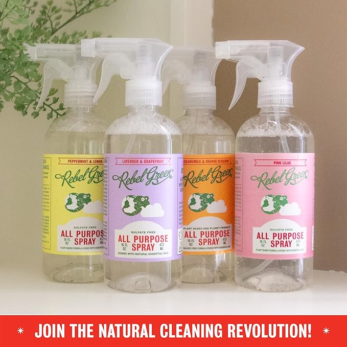 Rebel Green Natural All-Purpose Cleaning Spray - Plant-Derived Multi-Surface Cleaner with Essential Oils for Kitchen, Bath, Countertops and More - Pink Lilac Scent - 16 oz - 1 Pack