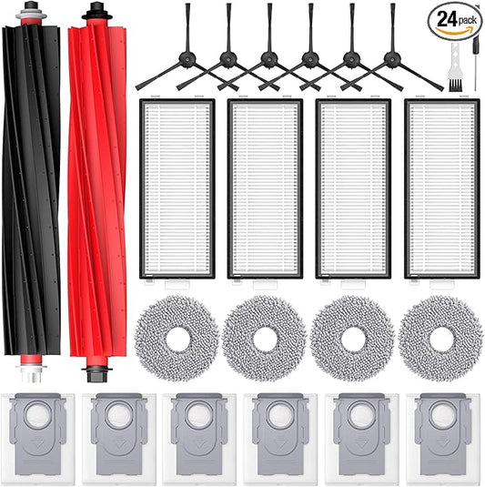 24 Pack Accessories Kit for Roborock Qrevo Master/Qrevo Slim Robot Vacuum, Replacement Parts with Dual Main Brush, 6*Side Brushes, 4*Filters, 4*Microfiber Mop Cloths, 6*Dust Bags, 2*Tools