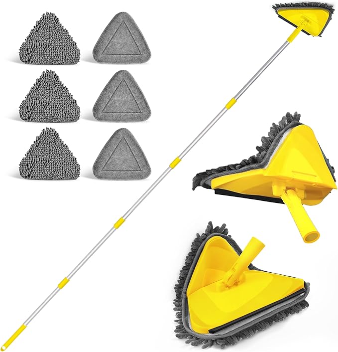 JEHONN Wall Mop with Long Handle 80 Inches, Upgraded 180° Collapsible Baseboard Cleaner Tool with Squeegee, Ceiling Duster with 3 Microfiber and 3 Chenille Pads for Cleaning Window, Cabinet (Yellow)
