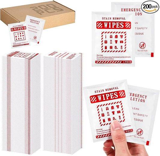 Timgle 200 Pcs Stain Remover Wipes Individual Wrapped Wipes Stain Remover Mini for Clothes Fabric Laundry Carpet Messy Eater Car Seat Upholster Clean (White)