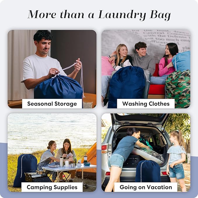 Nylon Laundry Bag - Locking Drawstring Closure and Machine Washable. These Bags will Fit a Laundry Basket or Hamper and Strong Enough to Carry up to Three Loads of Clothes. (Navy Blue)