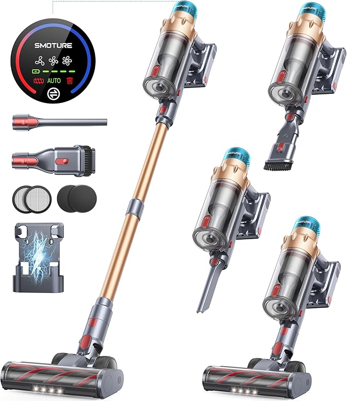 Cordless Vacuum Cleaner, 600W 50KPA 65 Mins Runtime Self-Standing Vacuum Cleaners for Home, Stick Vacuum with Charging Dock Station Removable Battery, Handheld Vacuum for Pet Hair/Carpet/Floor