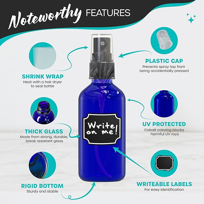 Nevlers 2 Oz Glass Spray Bottles Mist Sprayer 24 Pack | Cobalt Blue Glass Bottle Sprayer Set w/Shrink Wrap, Funnel, Brush, Marker, & Labels | Small Spray Bottles For Use as Hair Mister Spray Bottle