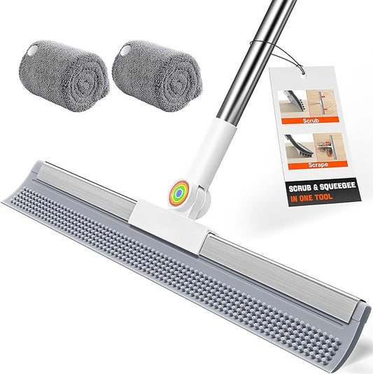 Floor Squeegee for Concrete Floors, 180° Rotating Silicone Broom, Squeegee for Floor with a 62" Handle, Includes 2 Cleaning Cloths, Water and Pet Hair Remover for Bathroom Floors, Tile, Deck and Glass