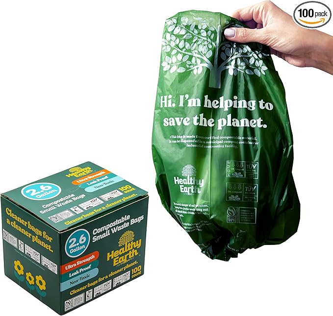Healthy Earth 2.6 Gallon Compostable Trash Bags – 100 Count Small Trash & Kitchen Compost Bags for Countertop Bins, Extra Thick Plant-Based Food Scrap Liners, BPI & TÜV Certified ASTM D6400