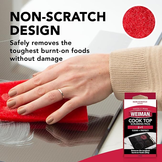 Weiman Cooktop Scrubbing Pads, 3 Count Scratch-Free Cleaning Pads for Cermaic, Glass Cooktop Surfaces, Removes Tough Burned-On Food & Residue