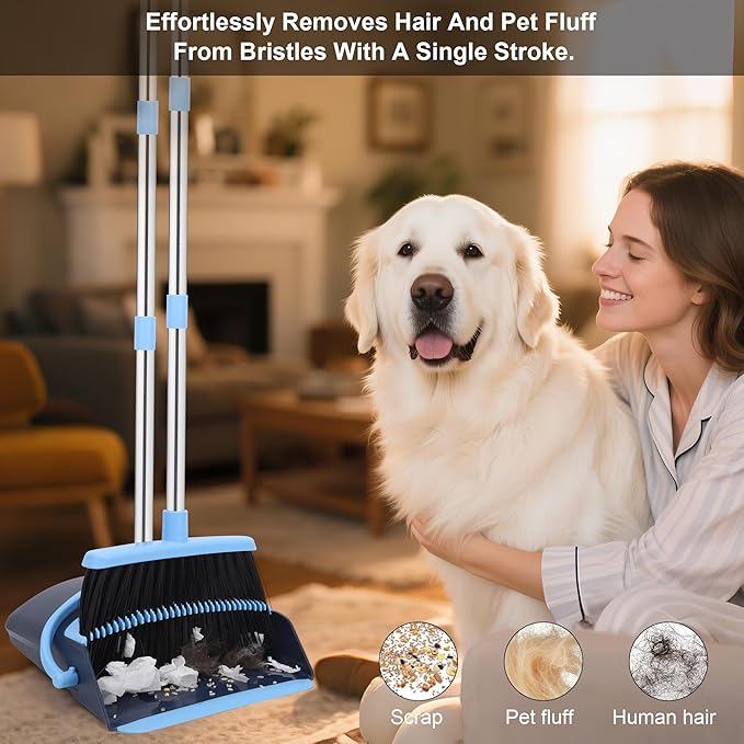 OLLSDIRE Broom and Dustpan Set for Home 2025 Indoor Outdoor Broom with Dustpan Combo Set Upright Dust Pans with Long Handle Angle Broom for Kids Garden Pet Hair Lobby Wood Floor Kitchen
