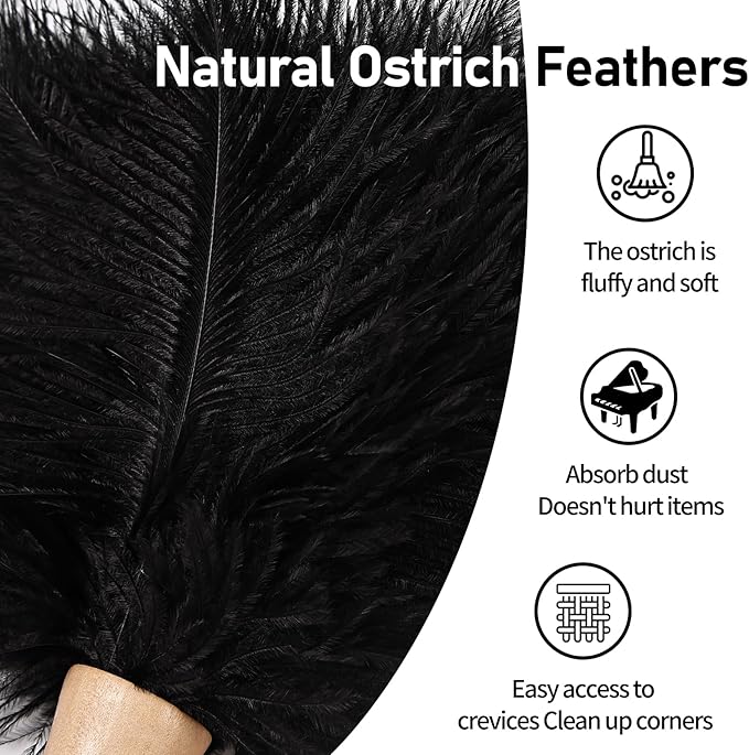MehelloFeather Ostrich Feather Duster 12 Inch Handheld Duster Supplies, Wooden Handle Feather Duster for Cleaning Keyboard Home Car Office (Black 2Pcs)