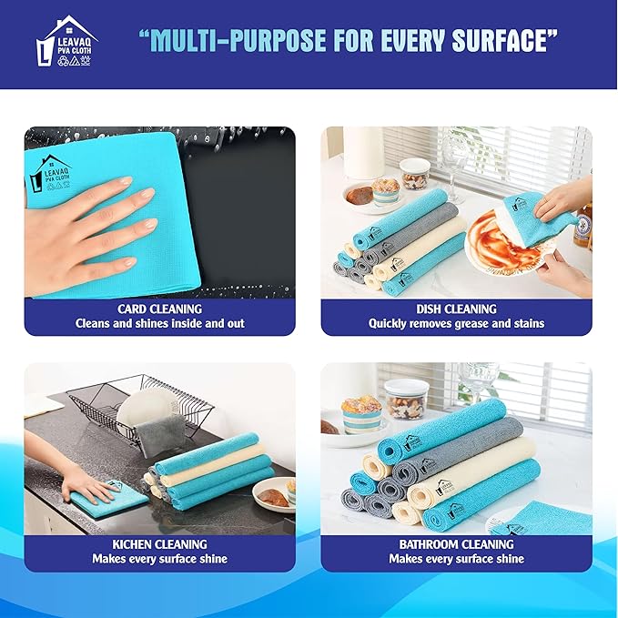 Leavaq 3-Pack PVA Microfiber Cleaning Cloth – 12"x12" Ultra Absorbent, Quick Dry, Streak-Free, Kitchen, Glass, Home & Office