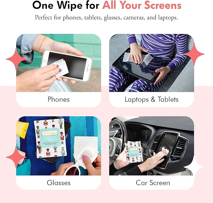 Well-Kept Tech & Lens Wipes - Eyeglass, Screen & Phone Cleaning, Multi-Surface, Lint-Free, Pre Moistened, Streak-Free & Non Scratching - Nutcracker, 12 Pack (180 Count)