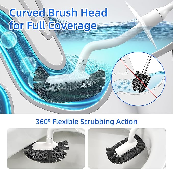 LZLOOK Toilet Brush and Holder Set with Pumice Stone – Long Handle Toilet Bowl Brush, Anti-Splash Scrubber, Ventilated Drip-Free Base, Deep Cleaner for Hard Water Stains, Limescale, Toilet Rings, Grey