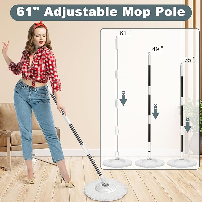 Mop and Bucket with Wringer Set,Spin Mop and Bucket System, Mops for Floor Cleaning,Household Supplies Tools with 3 Replacement Refills,61" Extended Handle for Household Hardwood Floor - White