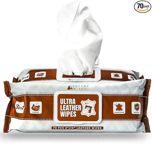 Venture Wipes Leather Cleaner Wipes - Clean, Condition, & Protect - Cleansing Wipes for Interior, Furniture, Purses, Shoes Boots - Car Cleaning Supplies - Extra Large 8"x10" - 70 Count